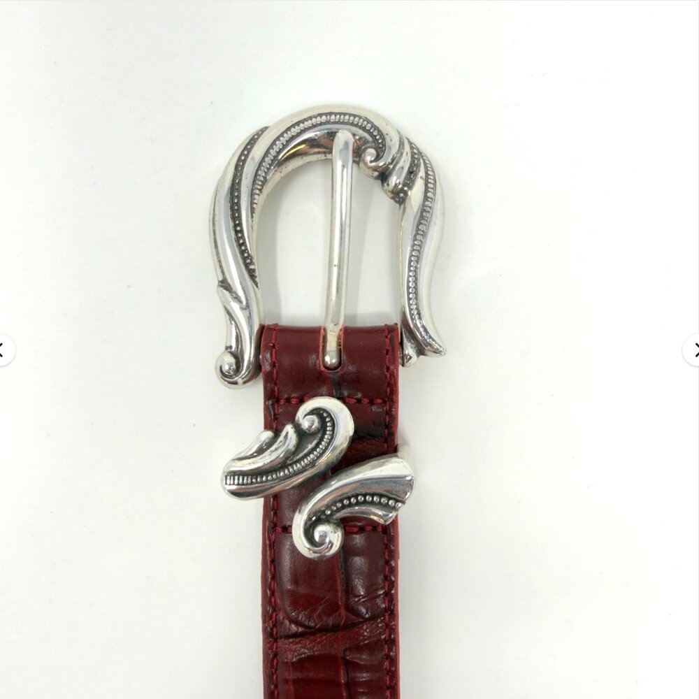 Coldwater Creek Leather Belt Croc Embossed Red Western Buckle‎ L - Picture 3 of 8